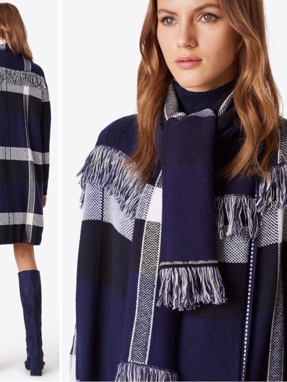 Tory Burch Gwen sweater coat. Plaid Fringe Knit Poncho Scarf
